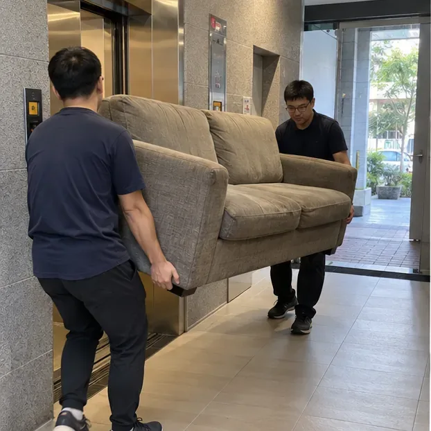 兩人把舊沙發從住宅大樓搬到一樓出口，準備移至指定清運位置
