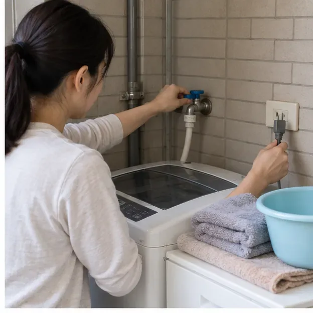 住戶關閉洗衣機進水龍頭並拔除電源，旁邊備有毛巾與淺盆