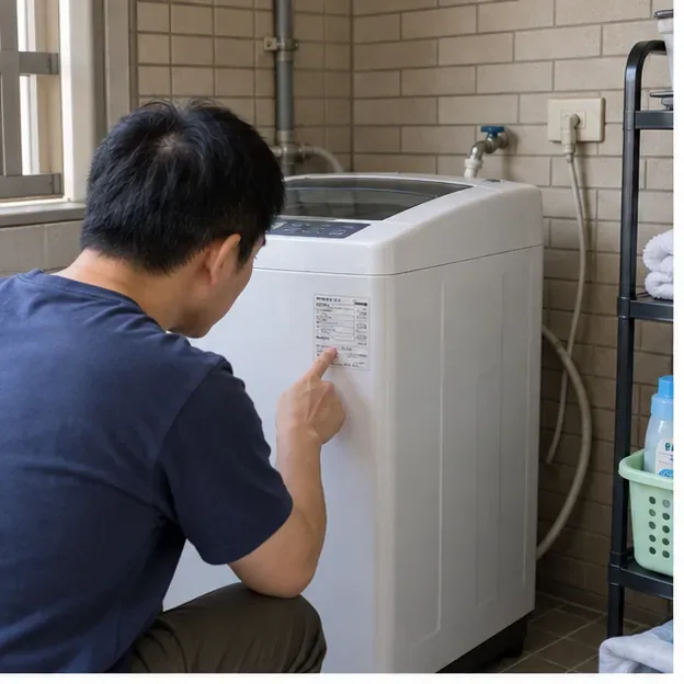 住戶在洗衣機旁查看機身標籤，準備確認設備資訊並拍照