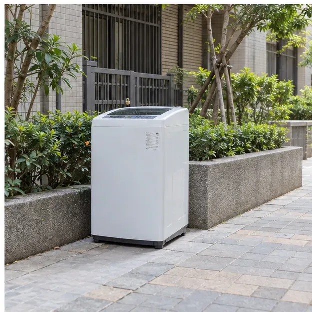 一台完整洗衣機放在公寓旁可供清運人員接近的安全位置，未阻擋人行通道