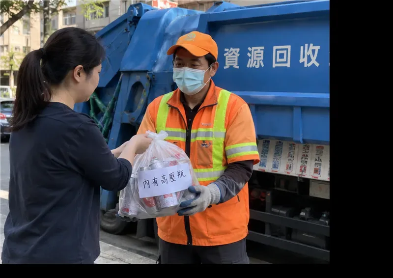民眾將標示「內有高壓瓶」的瓦斯罐袋交給資源回收人員，背景是資源回收車