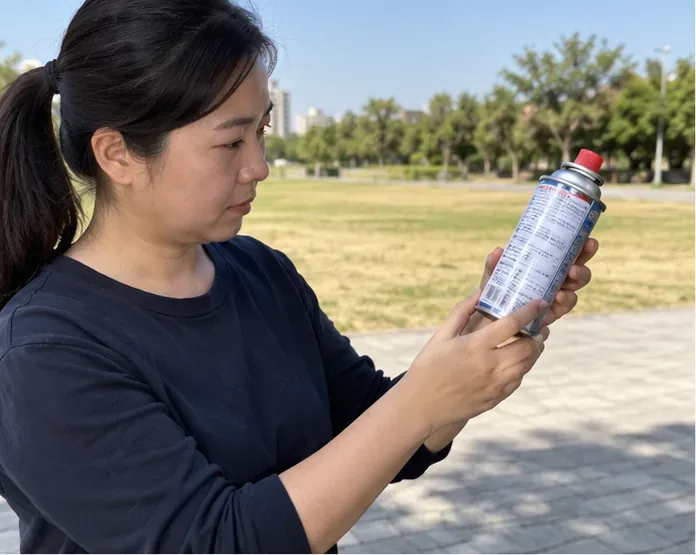 在戶外光線充足處查看卡式爐小瓦斯罐罐身與閥門，先辨識是否為高壓瓦斯罐