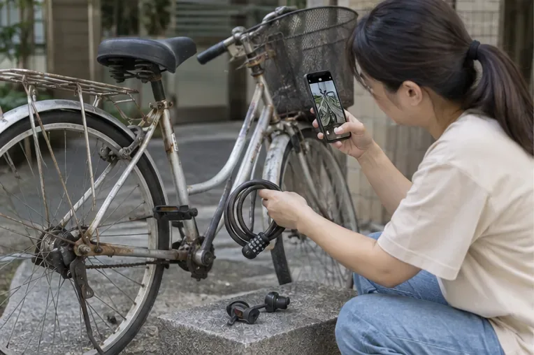 居民移除腳踏車鎖具與個人物品並拍攝車況照片