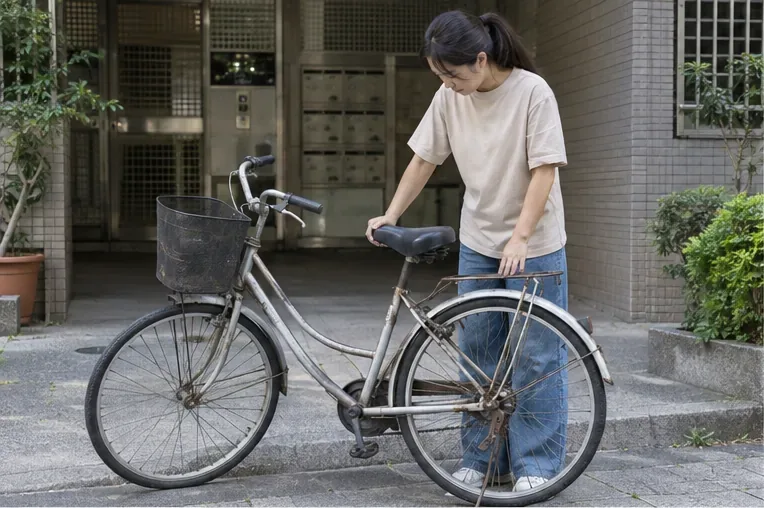 桃園住宅大樓前，一名居民檢查老舊腳踏車車況