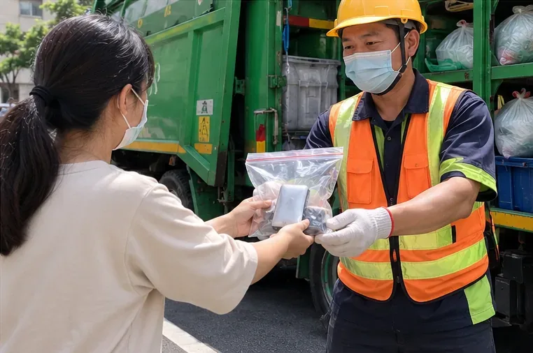 民眾把已獨立包裝的膨脹行動電源直接交給資源回收車旁的回收人員