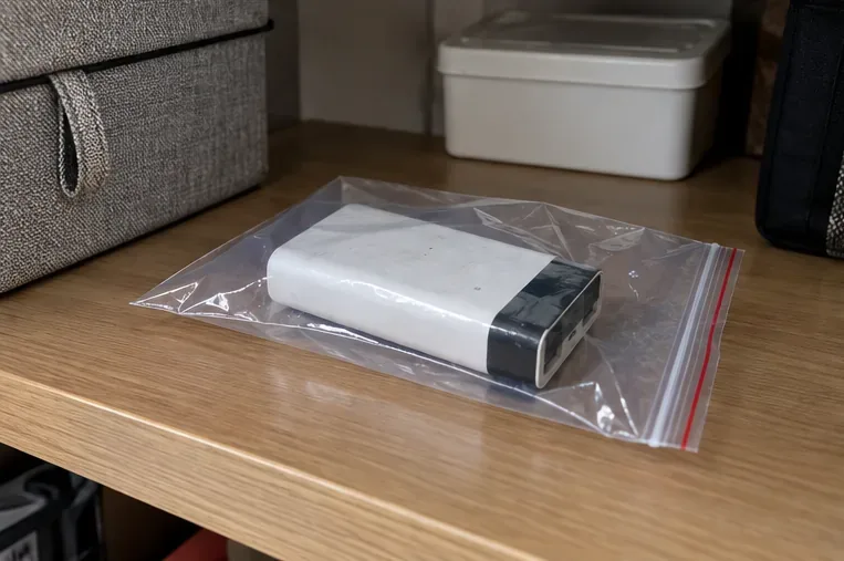 已做絕緣處理的白色行動電源單獨放在透明密封袋內
