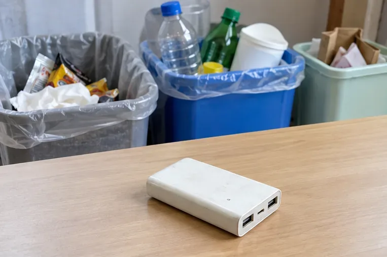 桌面上的舊行動電源與後方一般垃圾、資源回收桶分開放置