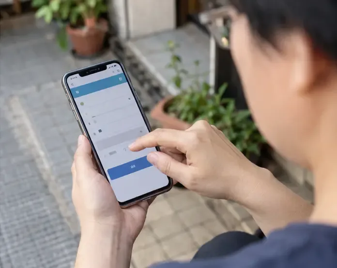 居民在住家門口用手機輸入地址，查詢桃園市垃圾與資源回收路線