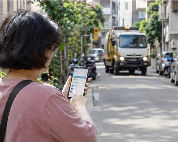 居民在桃園街道查看手機上的清運路線結果，遠處有清潔車接近