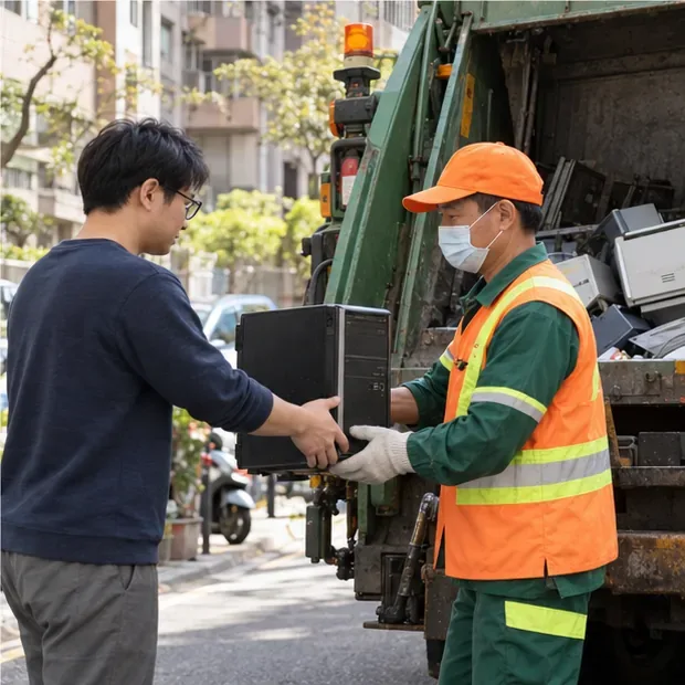 住戶在住宅街道旁把桌機主機交給資源回收車旁的清潔隊員。