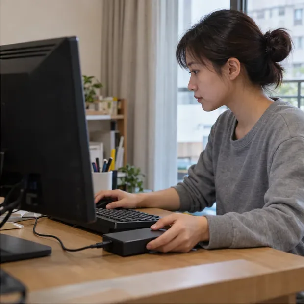 一名女子在桌上型電腦前將資料備份至外接硬碟，螢幕沒有可讀文字。