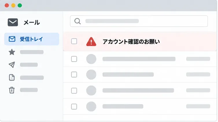 メール受信トレイに「アカウント確認のお願い」という不審な件名のメッセージが警告表示とともに並ぶ画面イメージ。リンクや送信元の詳細は表示されていない。