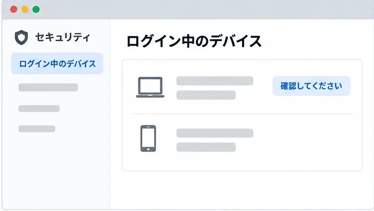 ログイン中のデバイス一覧を確認するセキュリティ画面イメージ。パソコンとスマートフォンの項目が表示され、一方に確認を促す表示がある。