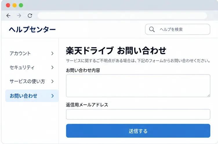 楽天ドライブのお問い合わせフォームを示す画面イメージ。お問い合わせ内容と返信用メールアドレスの入力欄が空欄で表示されている。