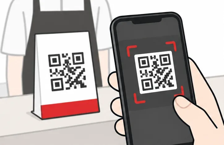 店舗に掲示されたQRコードをスマートフォンで読み取る操作イメージ