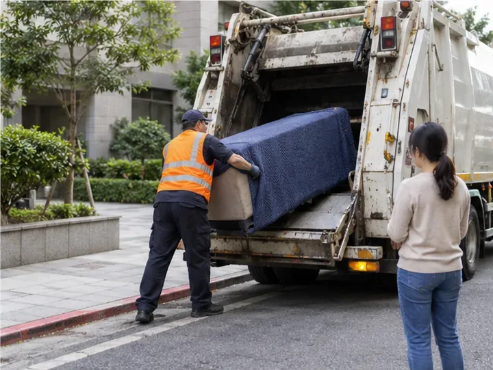 清運人員把以保護毯包住的沙發裝上垃圾清運車，住戶在旁確認。