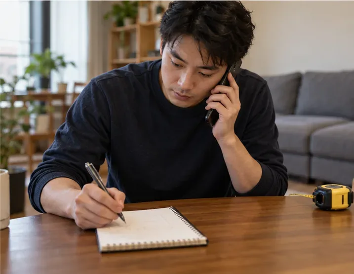 一名住戶一邊打電話一邊在筆記本記錄沙發尺寸與清運安排。