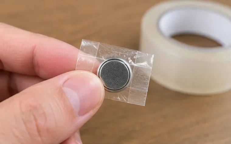 小さな丸い電池を透明なテープで両面から挟み、金属面が外部に直接触れないよう絶縁している手元