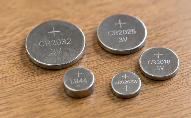 木の机にCR2032、CR2025、CR2016のコイン電池とLR44、SR626SWのボタン電池が並び、型番の違いを見比べられる様子