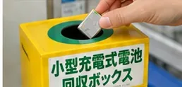 小型充電式電池を専用の回収ボックスの投入口へ入れている手元