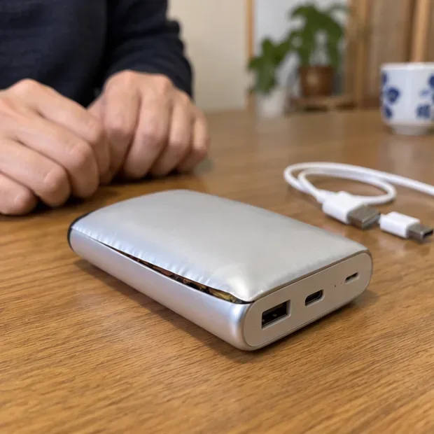 机の上に置かれ、側面が膨らんでケースにすき間ができたモバイルバッテリー