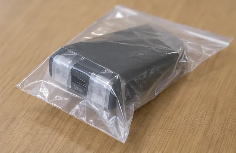 黒いモバイルバッテリーを小さな透明袋に入れ、持ち出せる状態にした様子