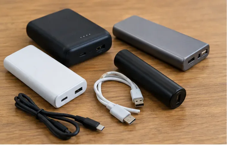 黒・白・銀色など形の異なる複数のモバイルバッテリーと充電ケーブルを机の上に並べた様子