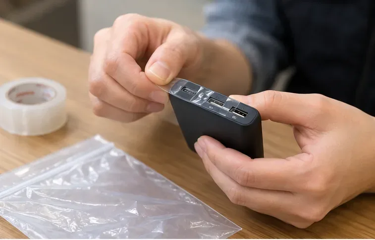 モバイルバッテリーのUSB端子付近を透明テープで覆い、短絡を防ぐ準備をしている手元
