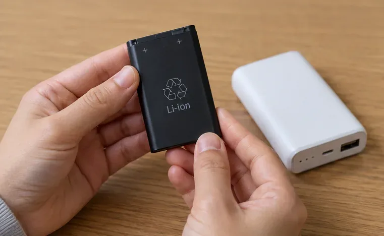 机の上でLi-ion表示のある小型充電池を手に取り、横にモバイルバッテリーを置いて電池の種類を確認している様子