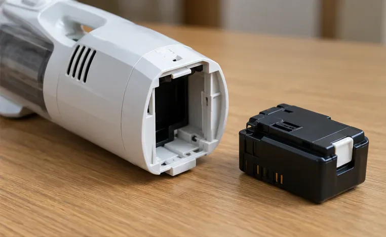 白い小型充電式家電から専用の着脱式バッテリーパックを通常の方法で取り外し、本体と電池を分けた状態