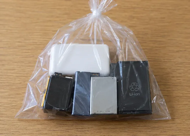 複数の小型充電池とモバイルバッテリーを、内容が見える小さな透明袋にまとめた状態