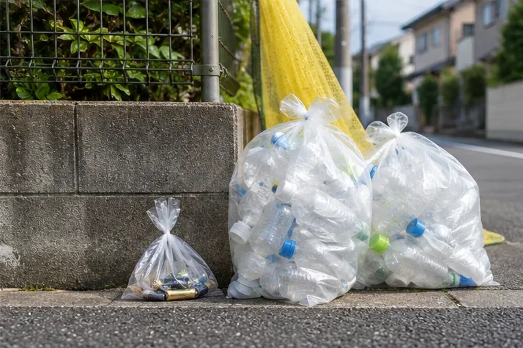 住宅街のごみステーションで、乾電池の小さな透明袋をペットボトルの袋とは分けて置いた様子