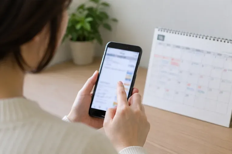 スマートフォンと卓上カレンダーを見ながら地域のごみ収集日を確認している様子