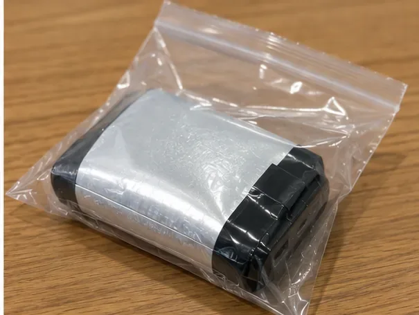 膨らんだ銀色のモバイルバッテリーが小さな透明袋に入れられ、端子付近が黒いテープで覆われている様子