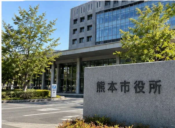 熊本市役所を示す石造りの表示と庁舎の外観