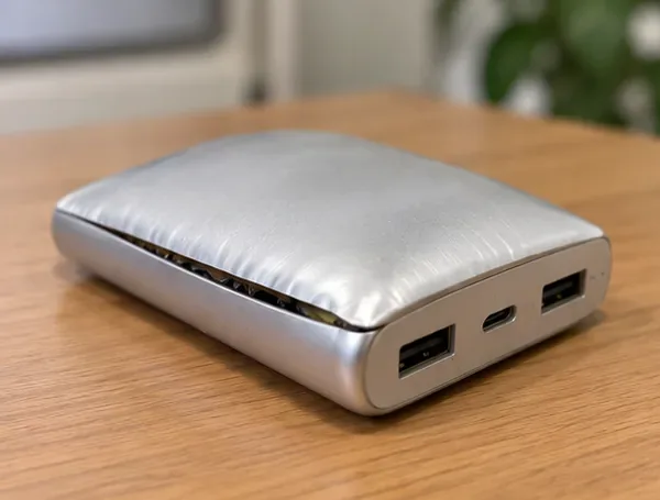 銀色のモバイルバッテリーの外装が中央から膨らみ、ケースの合わせ目が開いている様子