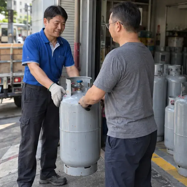 民眾在瓦斯行入口把大型可重複使用液化石油氣鋼瓶交給穿藍色制服的工作人員