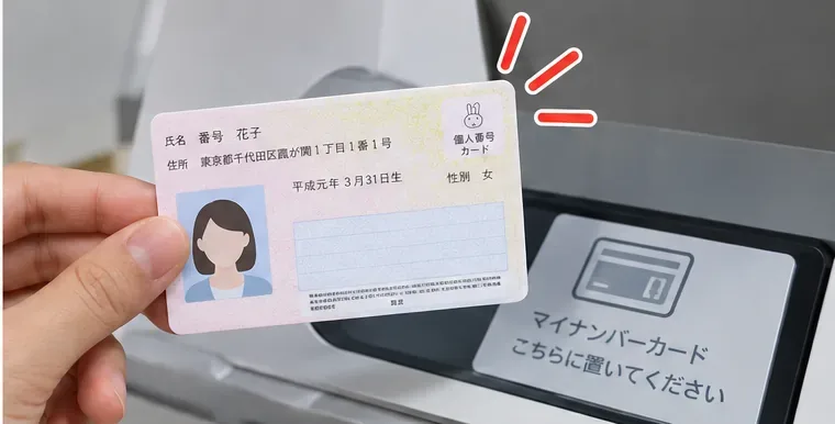 病院のカードリーダーの指定位置を確認しながらマイナンバーカードを置き直そうとしている様子