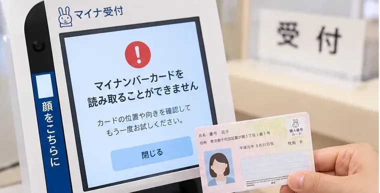 病院の顔認証付きカードリーダーにマイナンバーカードをかざし、読み取りエラーが表示されている受付の様子
