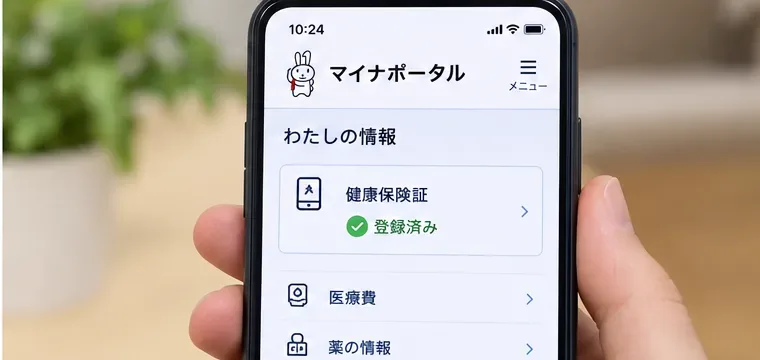 スマートフォンのマイナポータルで健康保険証の利用登録状況を確認している様子