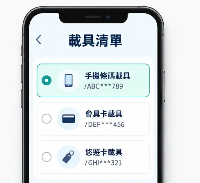 手機畫面顯示「載具清單」，第一列以綠色選取「手機條碼載具」，其他載具資料以部分遮罩呈現
