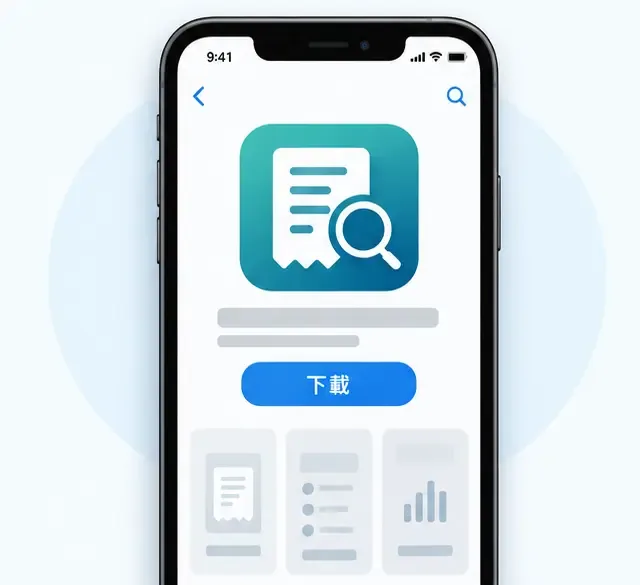 新手機顯示電子發票兌獎類 APP 的下載畫面，畫面中央有收據與放大鏡圖示及「下載」按鈕