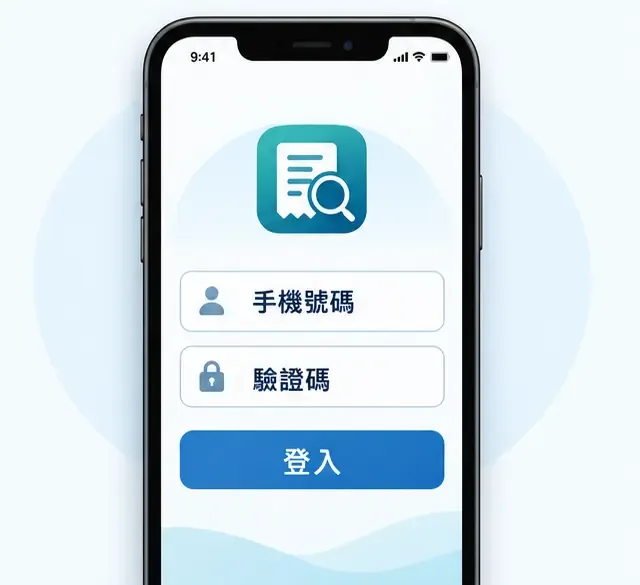 手機畫面顯示登入介面，兩個欄位標示「手機號碼」與「驗證碼」，下方有藍色「登入」按鈕
