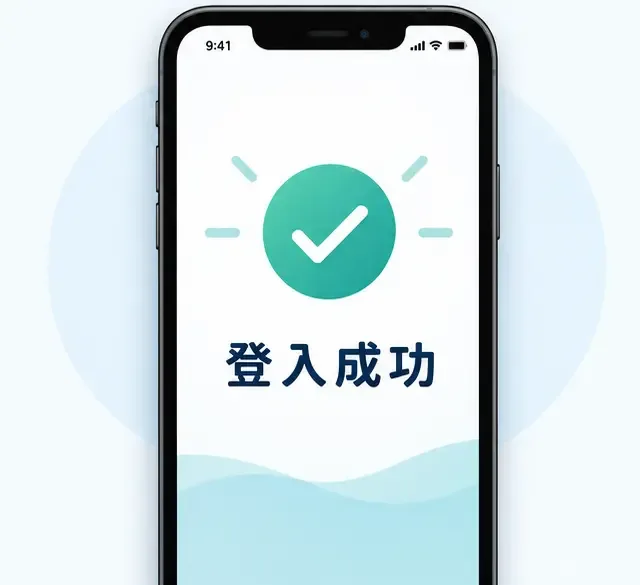 手機畫面顯示綠色勾號與「登入成功」，表示新手機已完成帳號登入