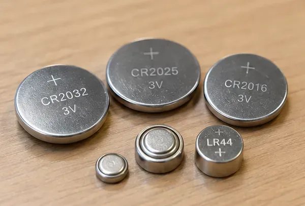 CR2032などの薄いコイン電池とLR44などの小型ボタン電池が木の机に並んでいる様子