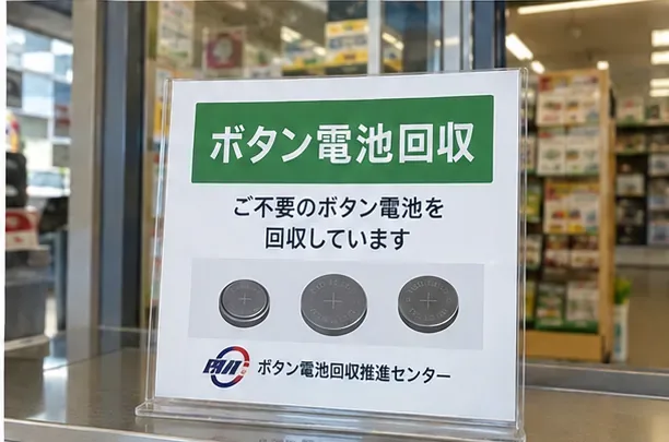 店舗入口付近にボタン電池回収を案内する表示が置かれている様子
