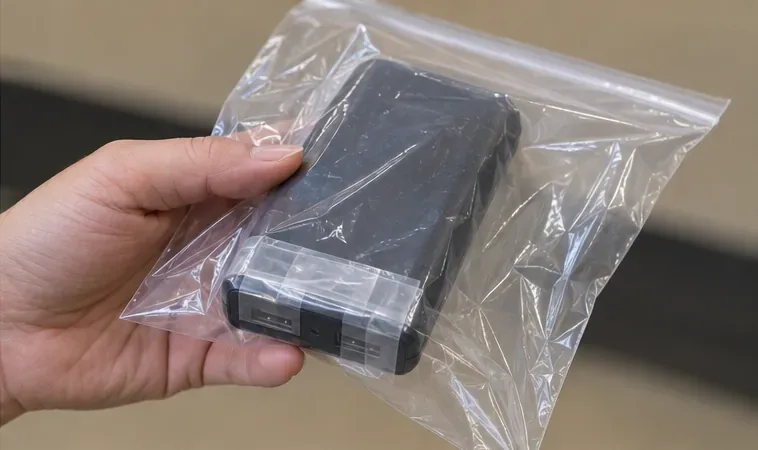 端子部分をテープで覆った黒いモバイルバッテリーを透明な袋に入れて手に持っている様子