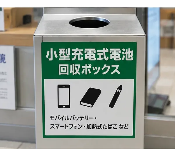 小型充電式電池回収ボックスと書かれた回収容器の正面