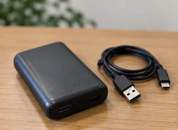 黒いモバイルバッテリー本体とUSBケーブルを木製の机に置き、本体の外観を確認できる状態