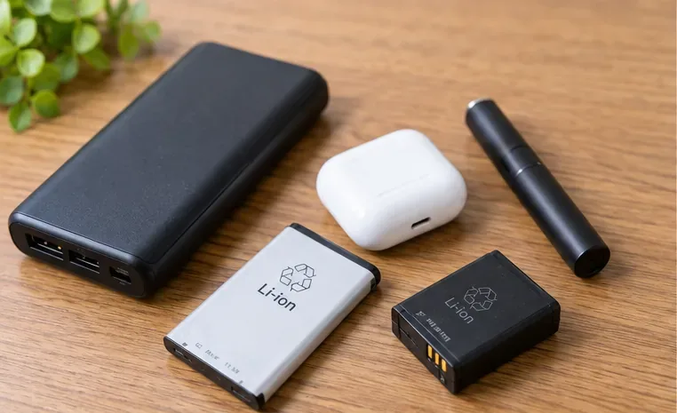 木製の机にモバイルバッテリー、ワイヤレスイヤホン、Li-ion表示のある着脱式電池などを並べた様子